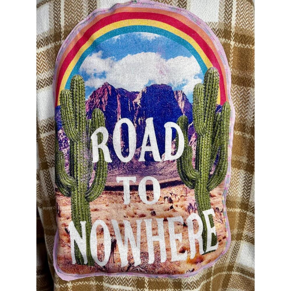 brown cream plaid long flannel shirt jacket road to nowhere desert rainbow art
